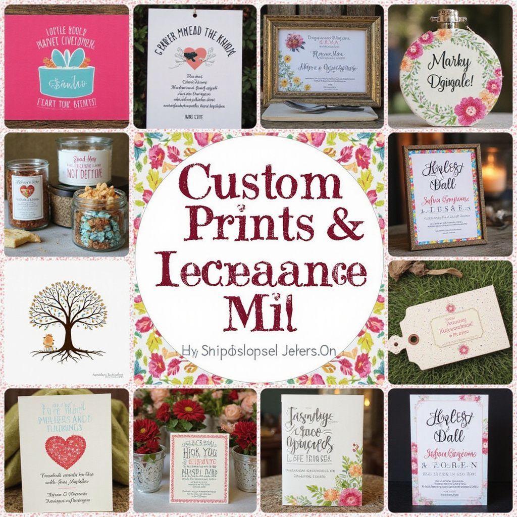 Collage: Custom prints and decor, various floral-themed wedding and event signs, invitations, and labels.