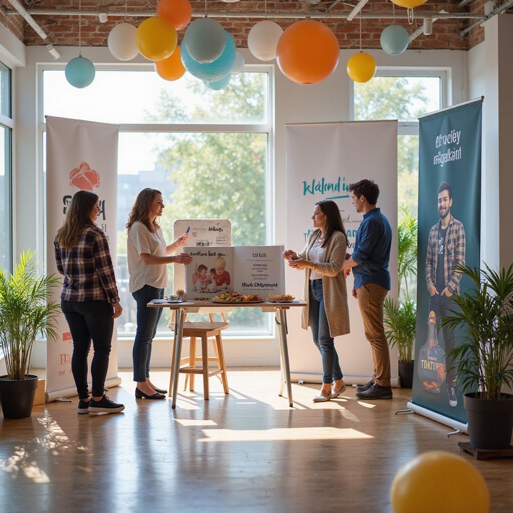 Four people in a bright room, discussing ideas around a whiteboard. Colorful balloons decorate the space.