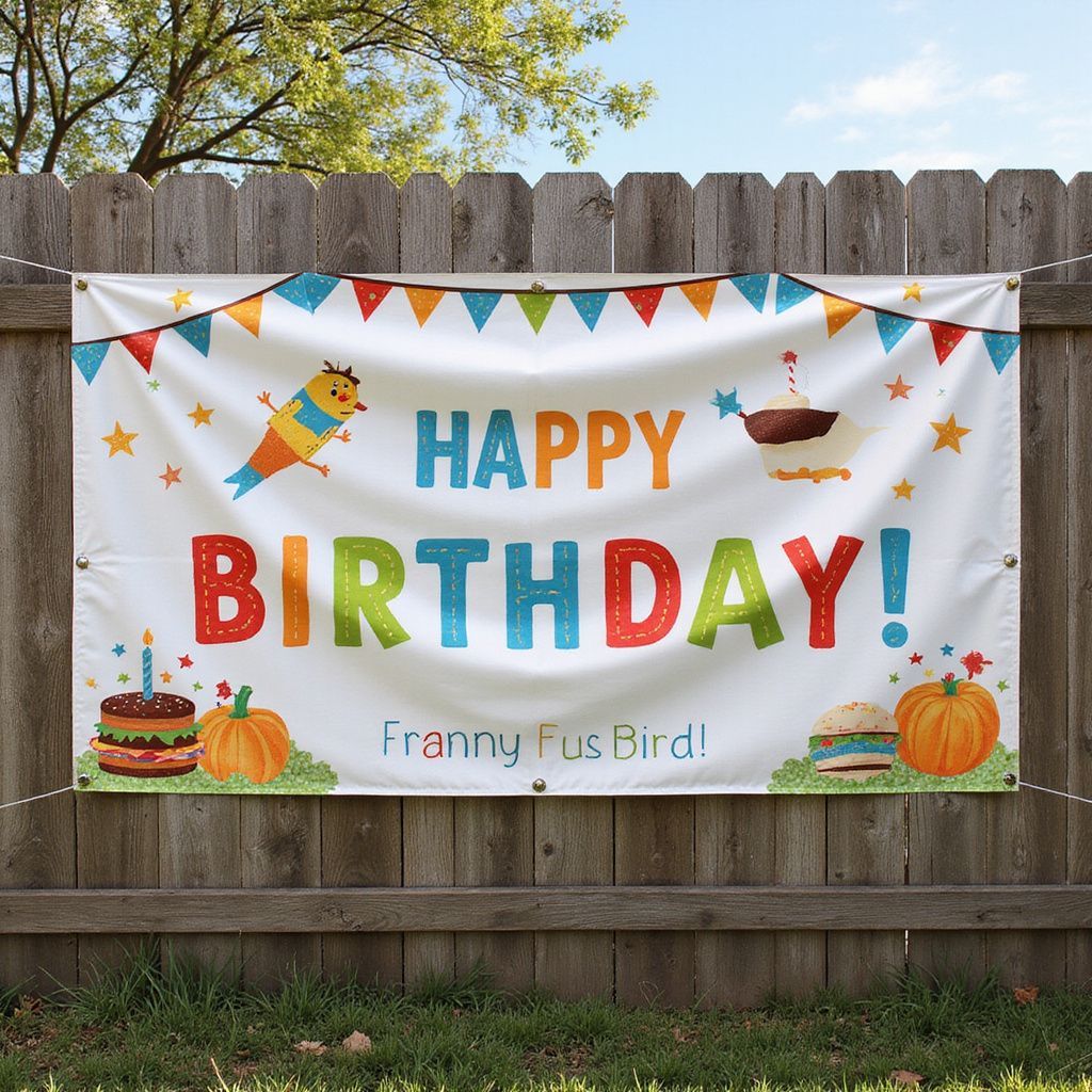 Birthday banner on a wooden fence with colorful 