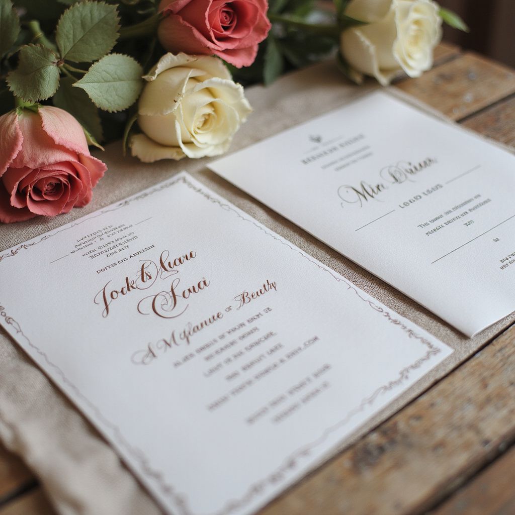 Wedding invitations with roses; ivory paper, brown script.