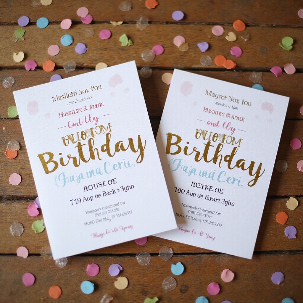 Two white birthday invitations with gold text on a wooden surface, surrounded by confetti.
