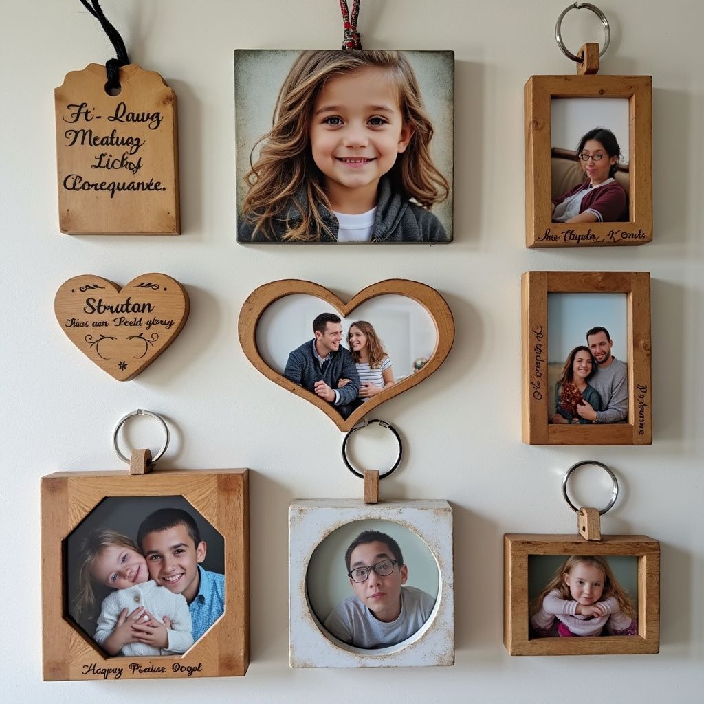 Collection of personalized photo frames and keychains hanging on a wall, showcasing various family portraits.