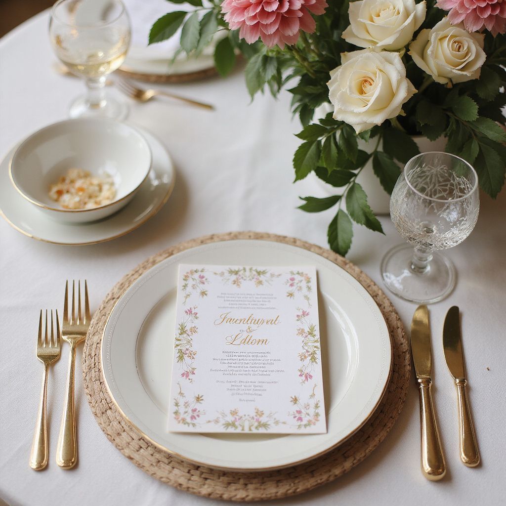 Elegant table setting with floral arrangement, place setting, menu, and gold flatware.
