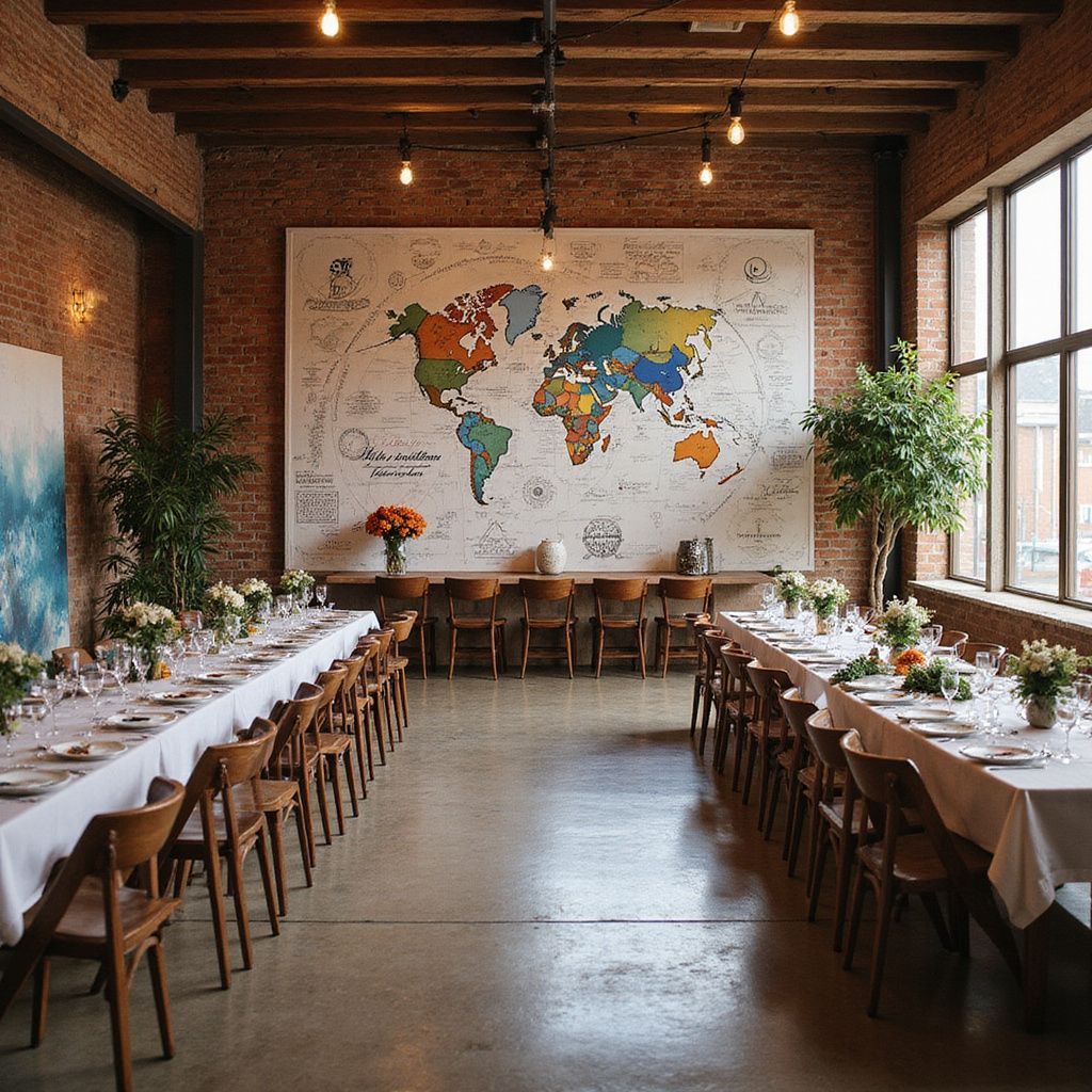 Long tables set for a meal in a room with a world map and large windows.