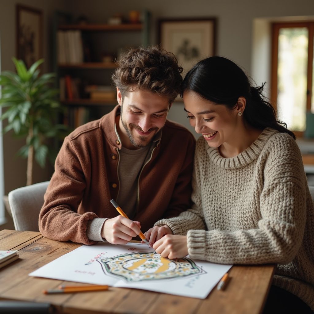 A couple smiles while drawing on their card's invitations that had being personalized with their coming events 