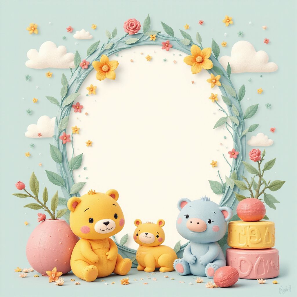 Cute bears sit below a floral wreath frame. Pale blue background.