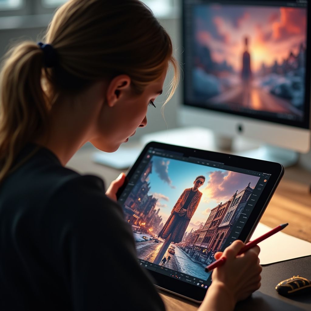 Woman editing photo on tablet, using stylus. City scene on screen, desktop computer in background.