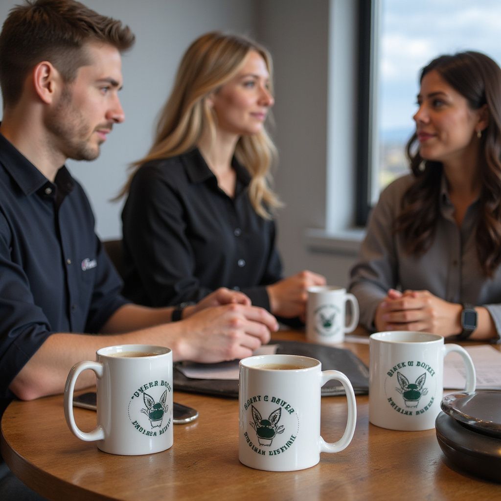 Three people in a meeting, each with a coffee mug.  Mugs say 