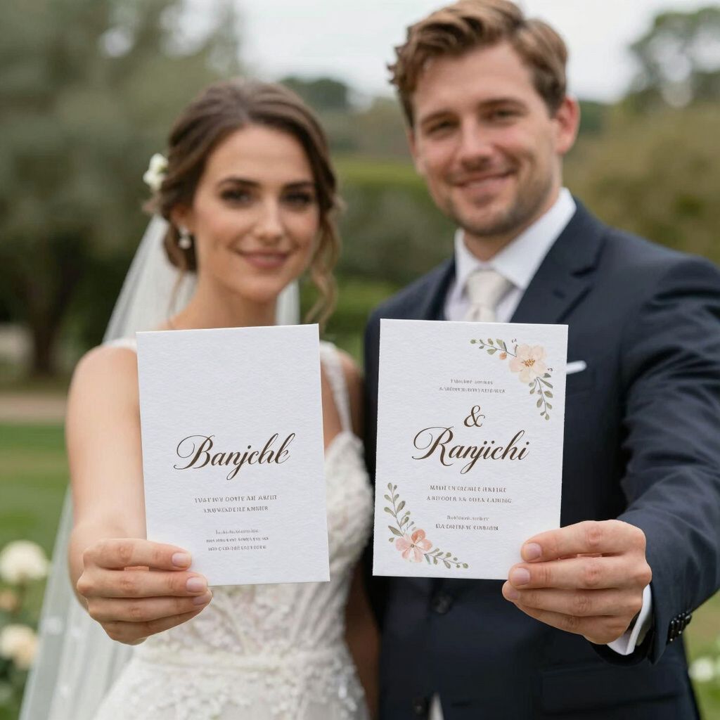 Bride and groom holding their personalized wedding invitations; 