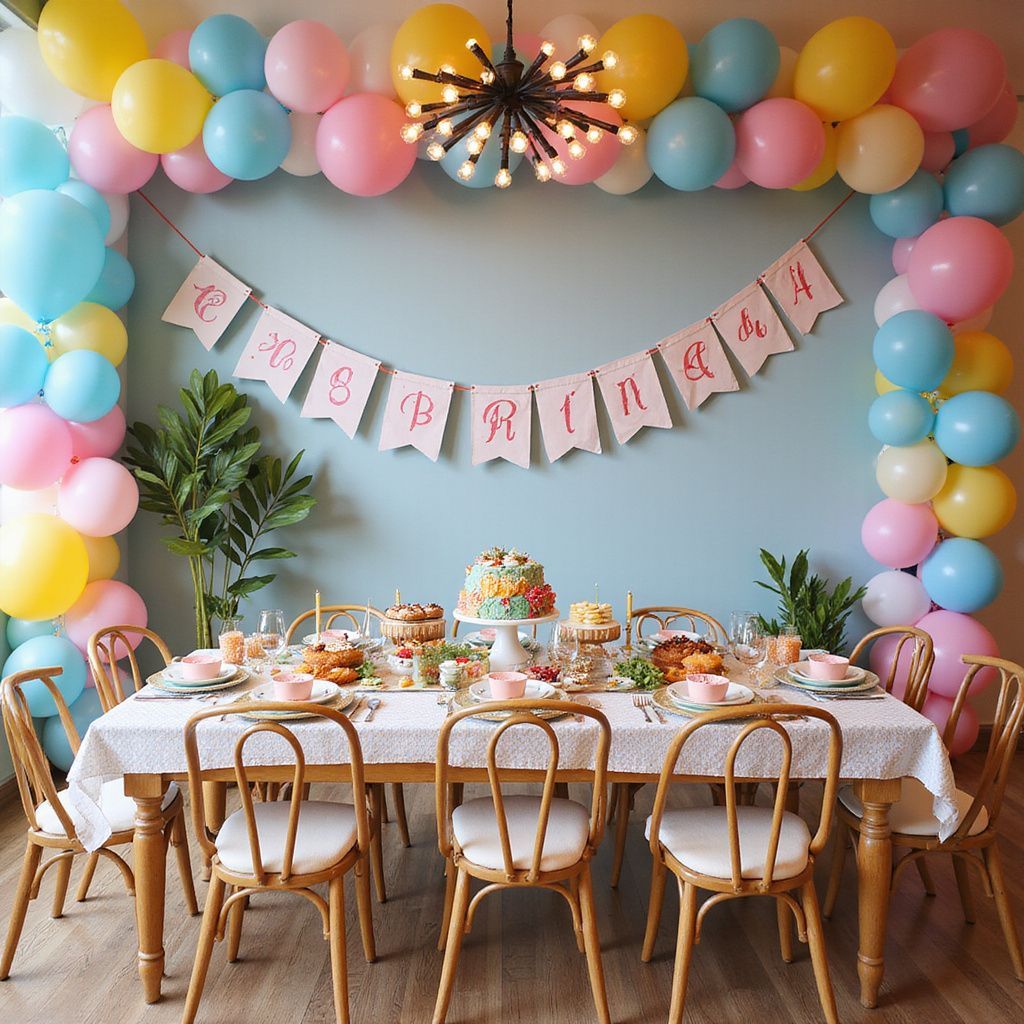 Party setup with table, cake, balloons, and banner. Pastel colors create a festive atmosphere.