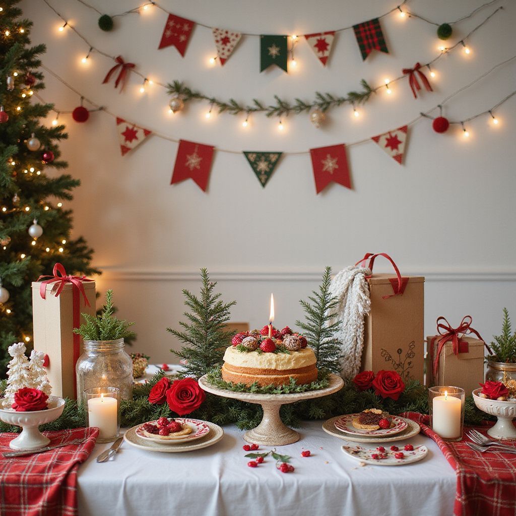 Christmas scene: decorated cake, festive table, garland, lit tree, presents, red & green.