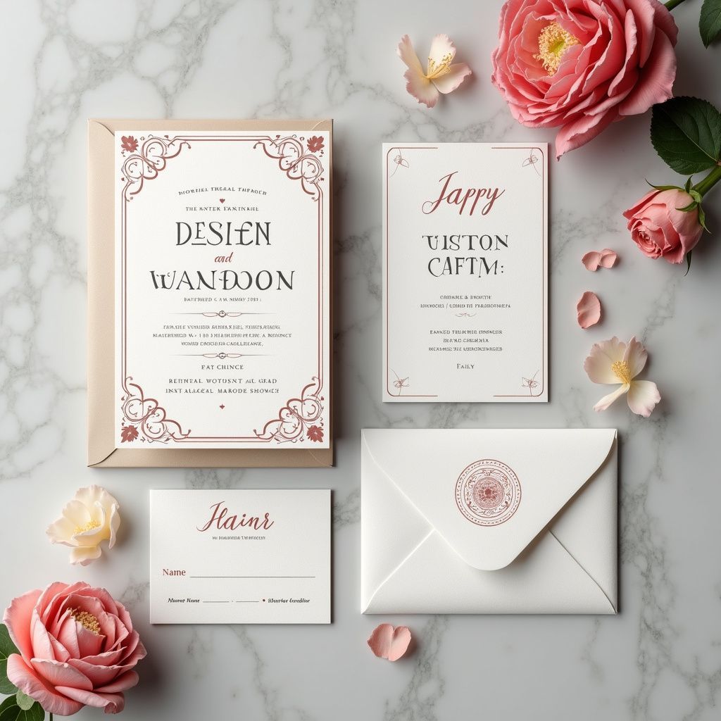 Wedding invitation suite on marble: includes cards, envelopes, and flowers in pink and beige tones.