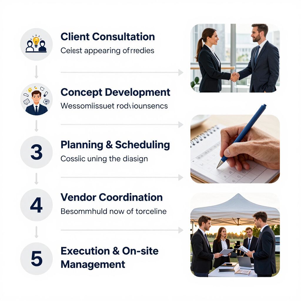 A flowchart showing event planning steps. People shake hands, take notes, and coordinate onsite management.