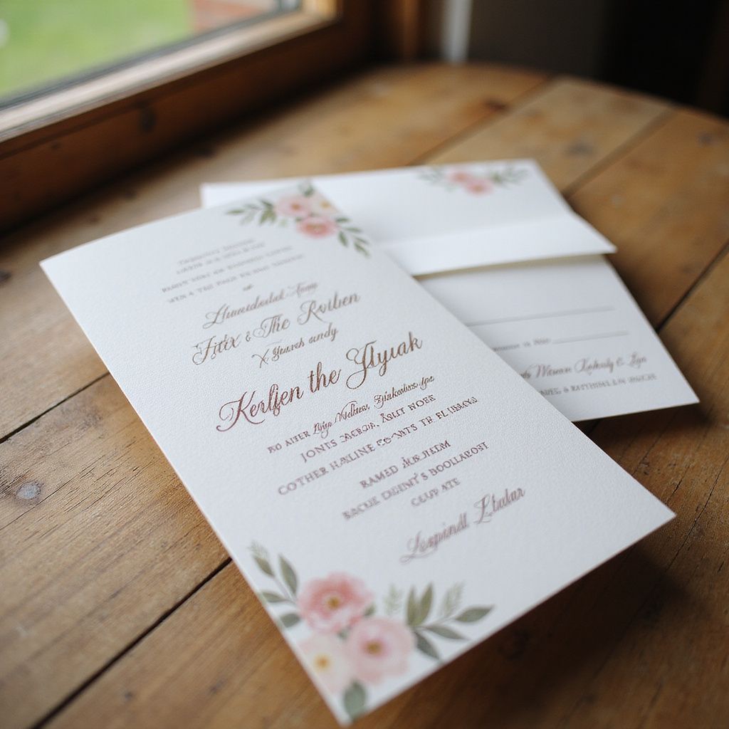 Wedding invitation on a wooden table. Cream card with floral accents, brown text, and an envelope.