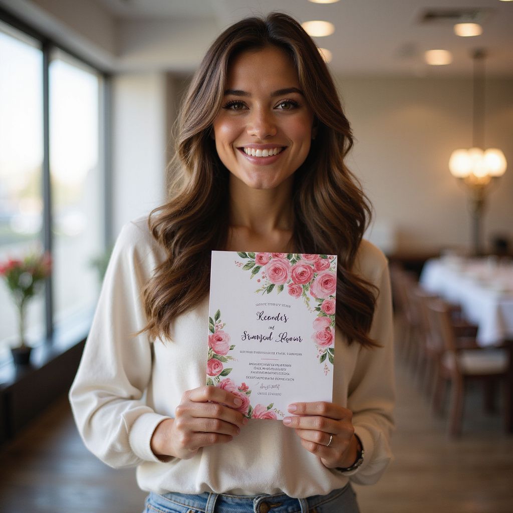our customer holding a floral invitation, smiling. Pink roses surround text, interior setting.