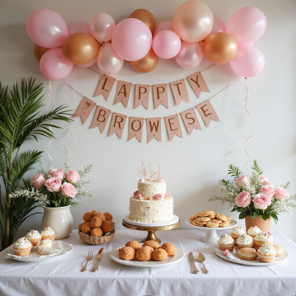 Party setup with pink and gold balloons, banner 
