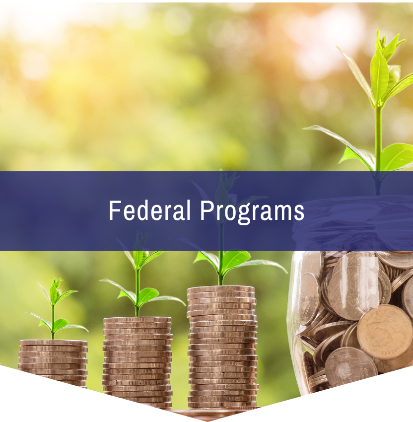 A stack of coins with plants growing out of them and the words federal programs on the bottom
