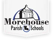 A logo for morehouse parish schools with a building on top of it.