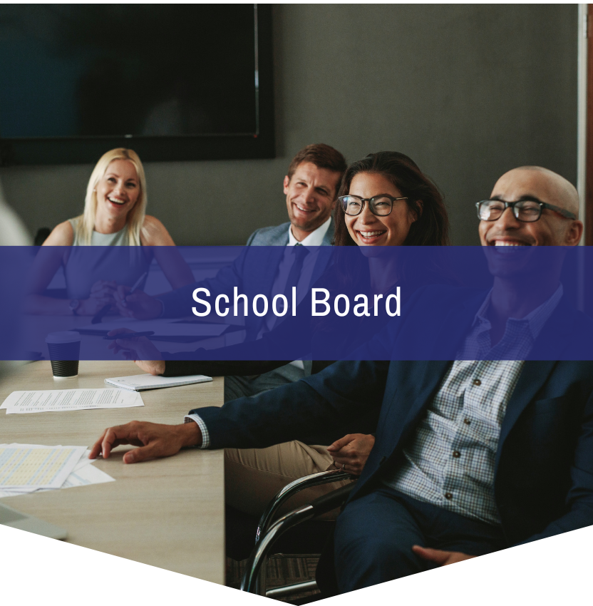 A group of people are sitting around a table with the words school board above them