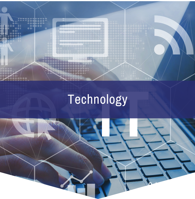 A person is typing on a laptop with the word technology above them