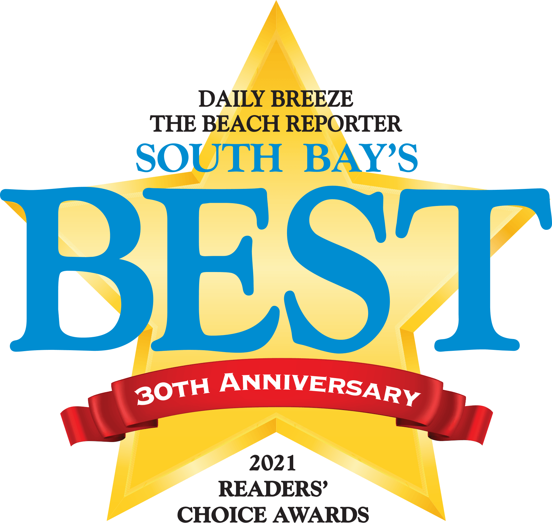 South Bay’s Best 2021 Readers’ Choice Awards logo with gold star and red 30th anniversary ribbon