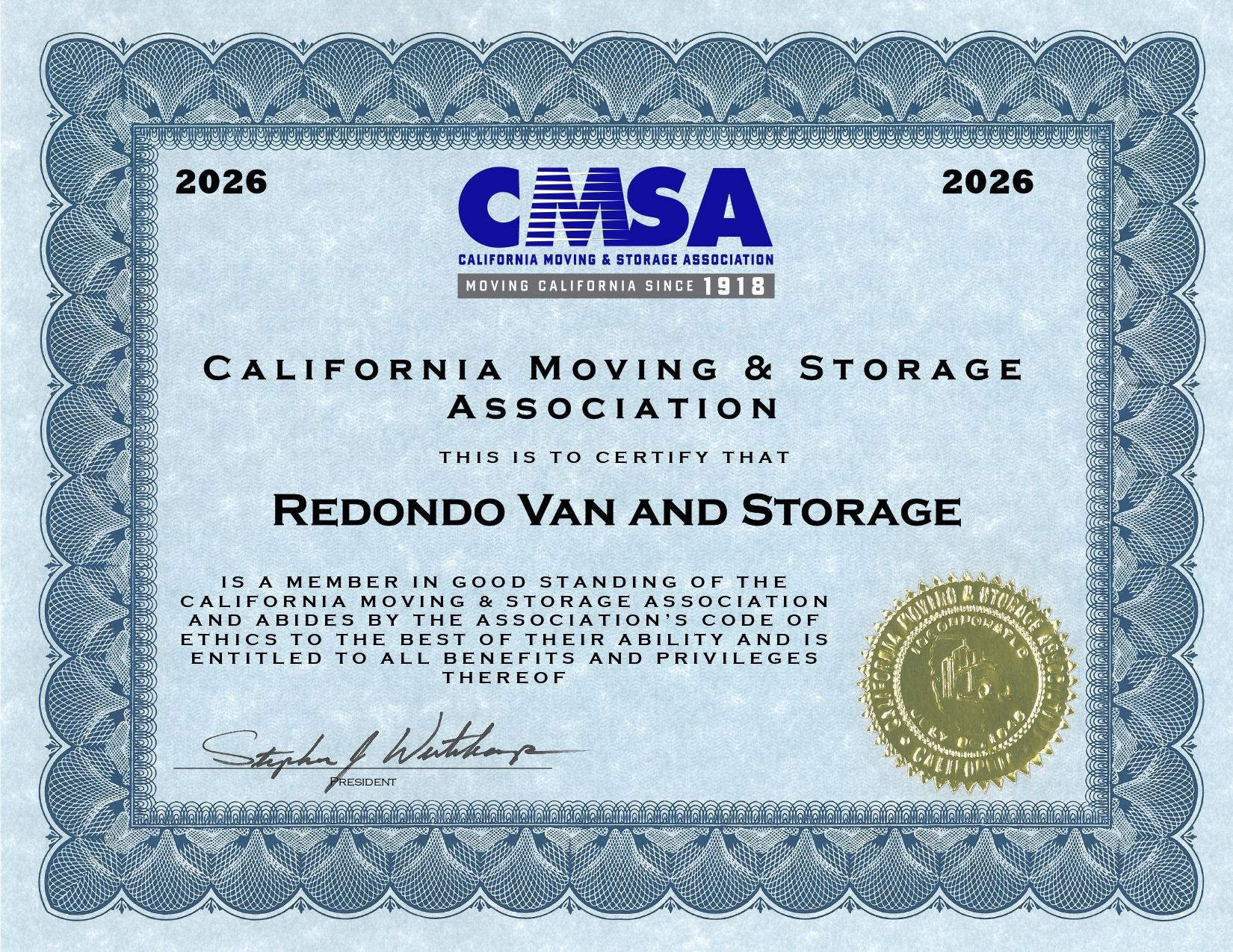 Blue CMSA certificate for Redondo Van and Storage, with gold seal and 2026 dates.