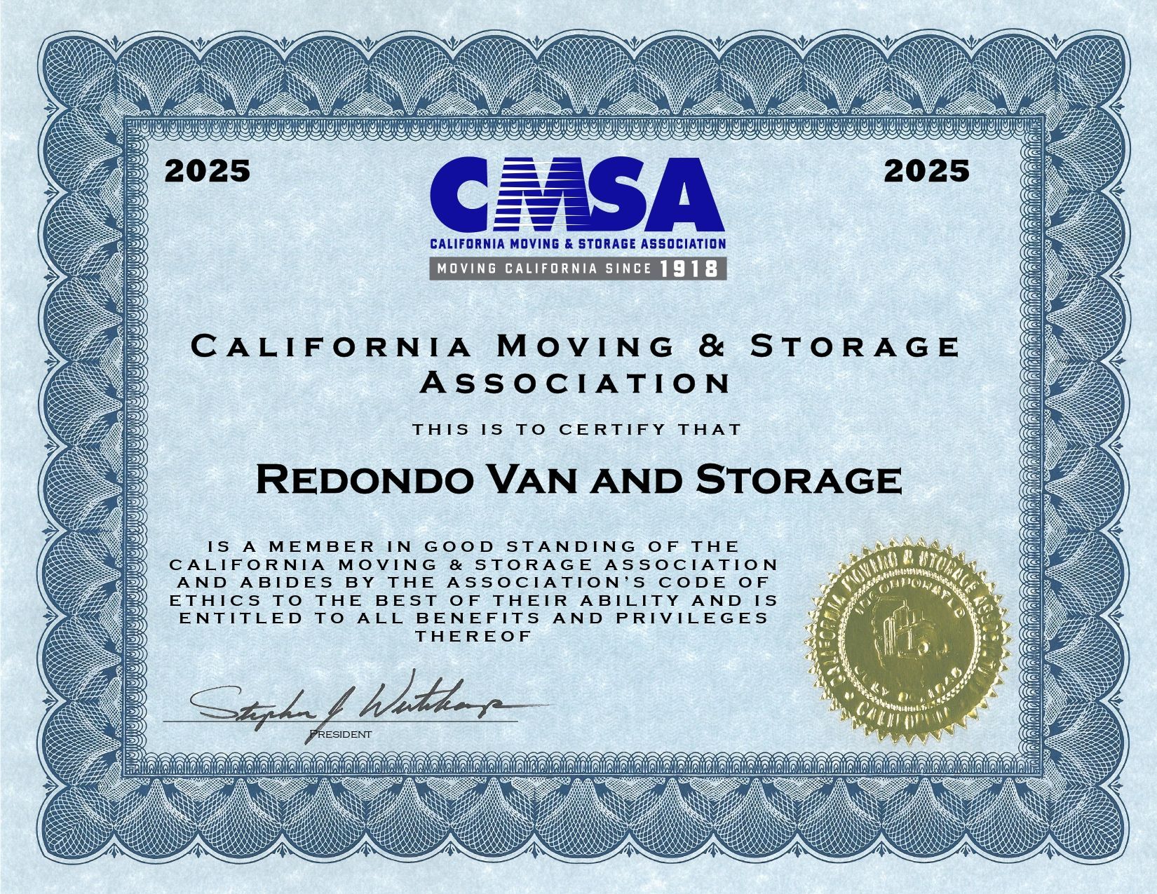 2025 CMSA certificate for Redondo Van and Storage, blue bordered with gold seal and signature