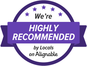 Locals on Alignable Purple and white “We’re Highly Recommended by Locals on Alignable” badge with stars