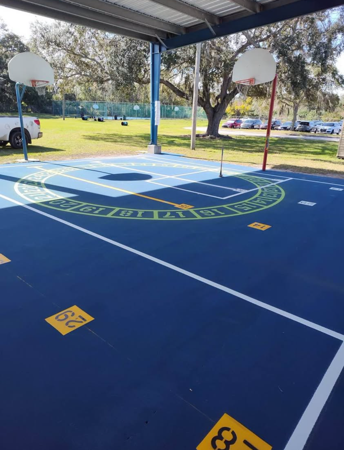 Covered outdoor basketball court with blue floor, white lines, hoops, and grassy park in the background