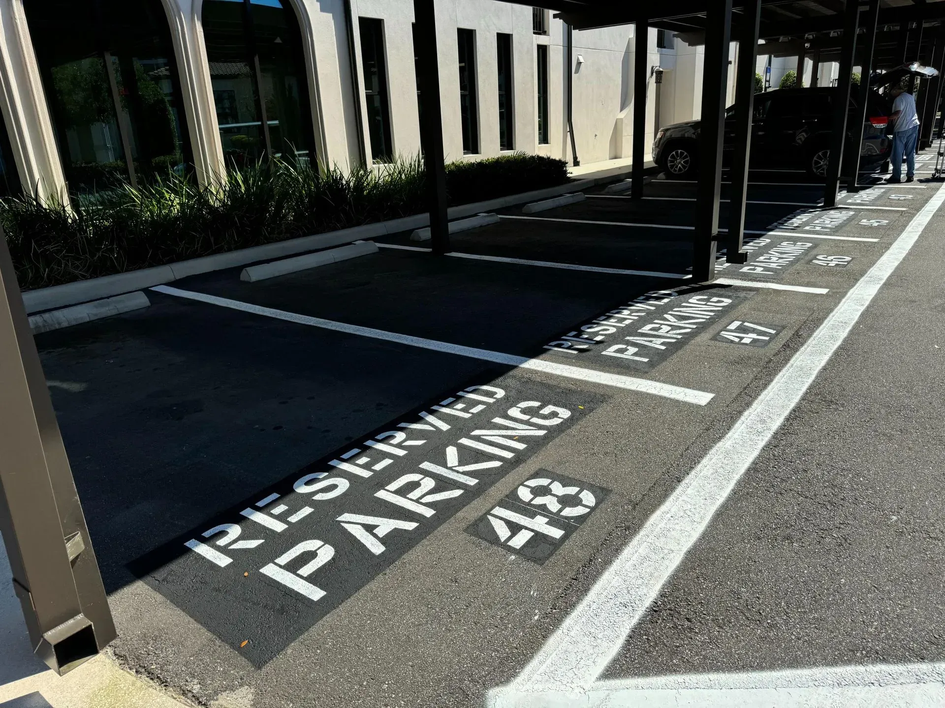 Marked reserved parking spaces along a curb beside a building, with white painted signs on dark pavement.