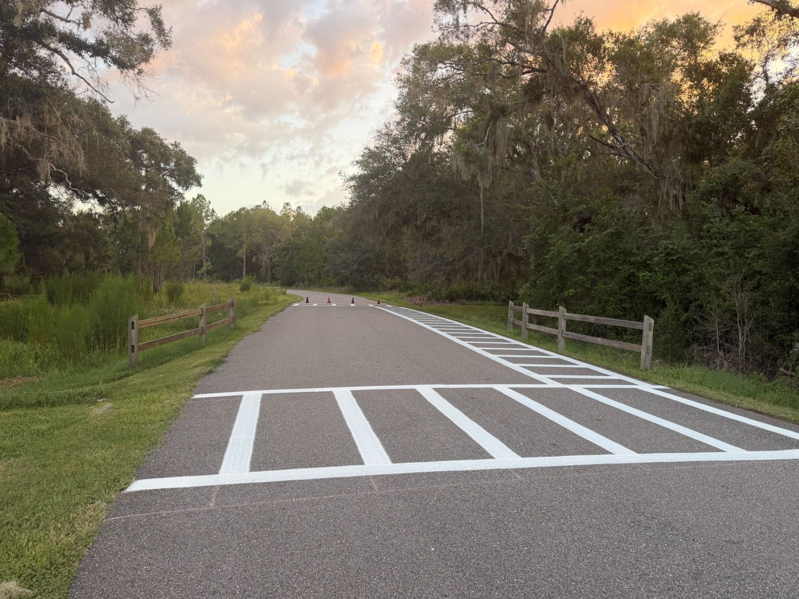 Quiet rural road with white striped speed bump markings at dusk, bordered by trees and grass