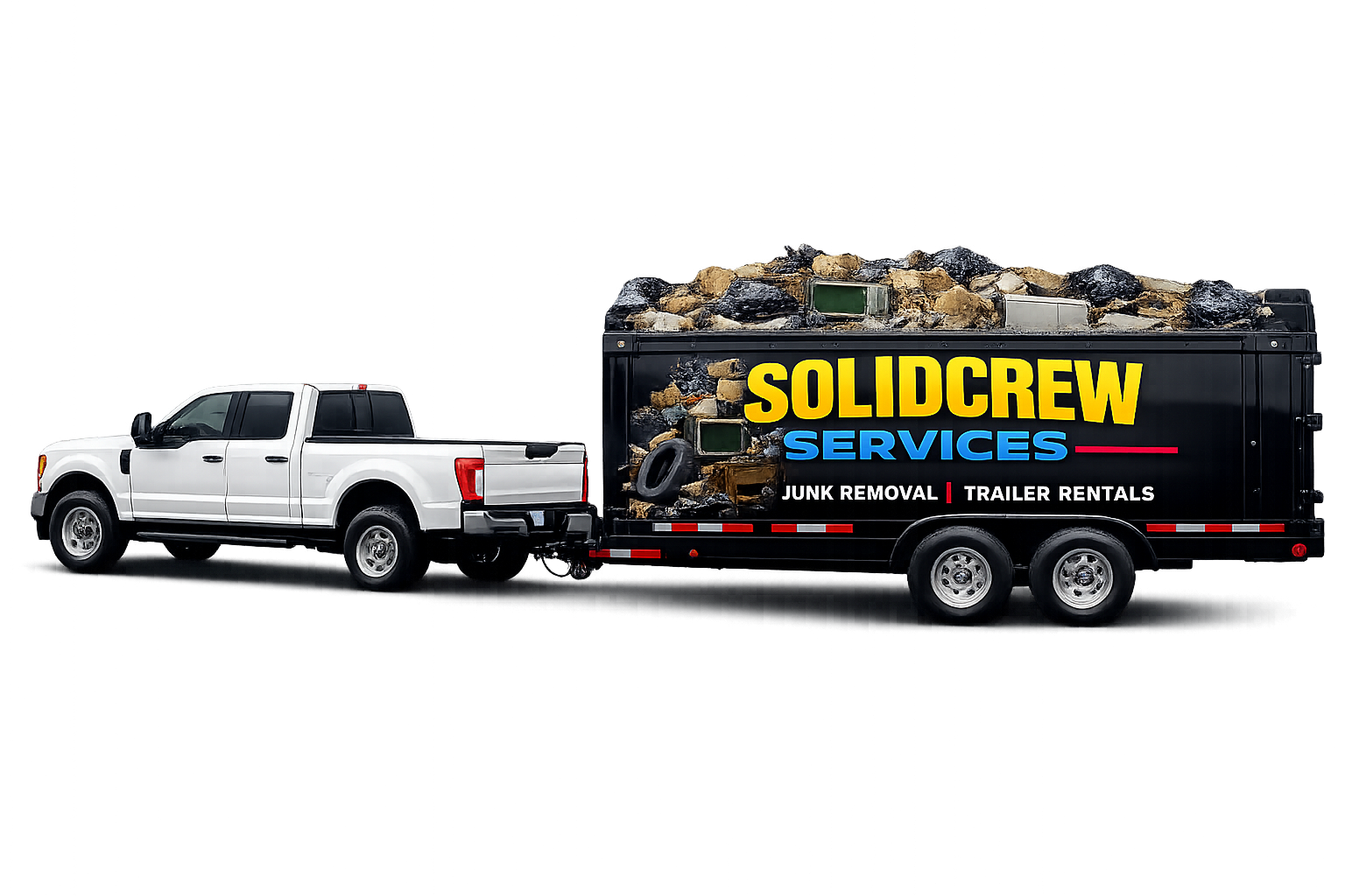 White pickup truck towing a black trailer overflowing with junk, labeled 