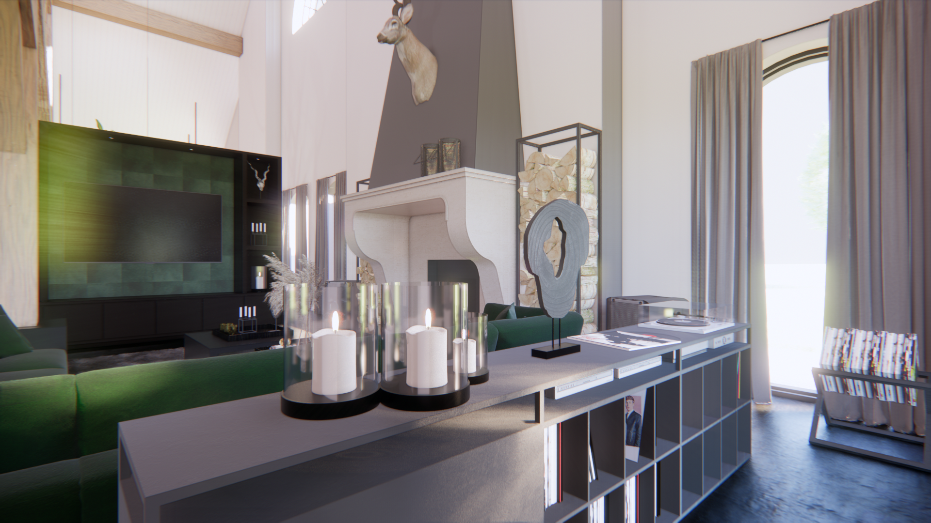 Moderne woonkamer met groene bank, open haard, zwarte tv en een lange console naast hoge ramen.