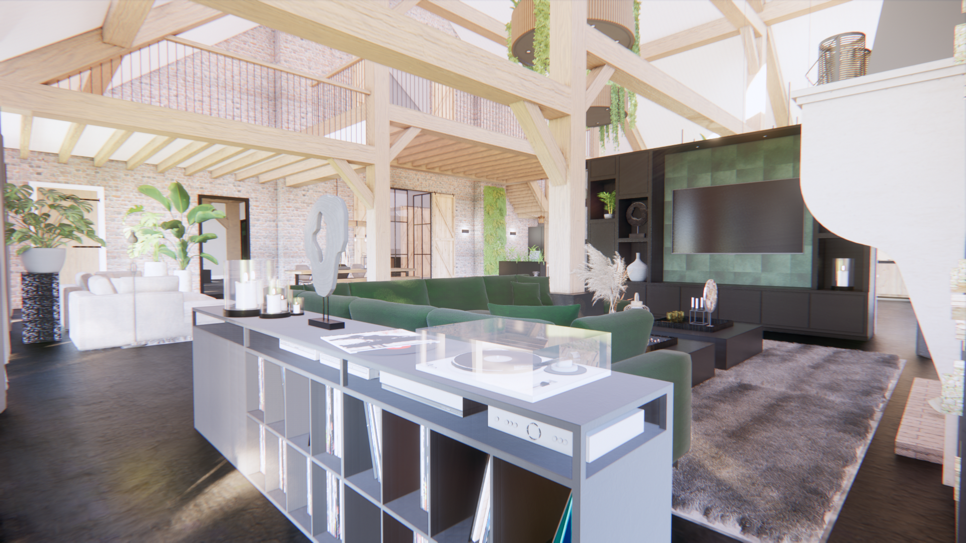 Lichte, moderne woonkamer met witte balken, groene bank, grote tv en kookeiland met planken.