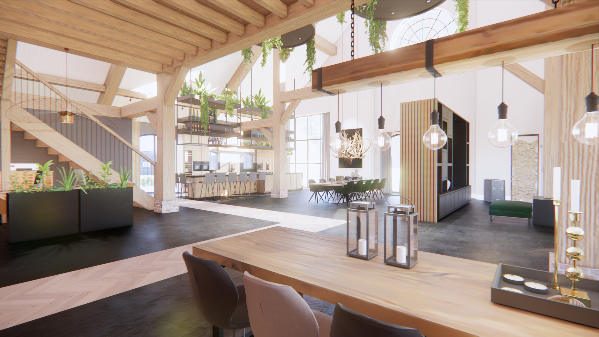 Lichte, moderne open woonkamer met houten balken, witte gordijnen, grote ramen en een eettafel op de voorgrond.
