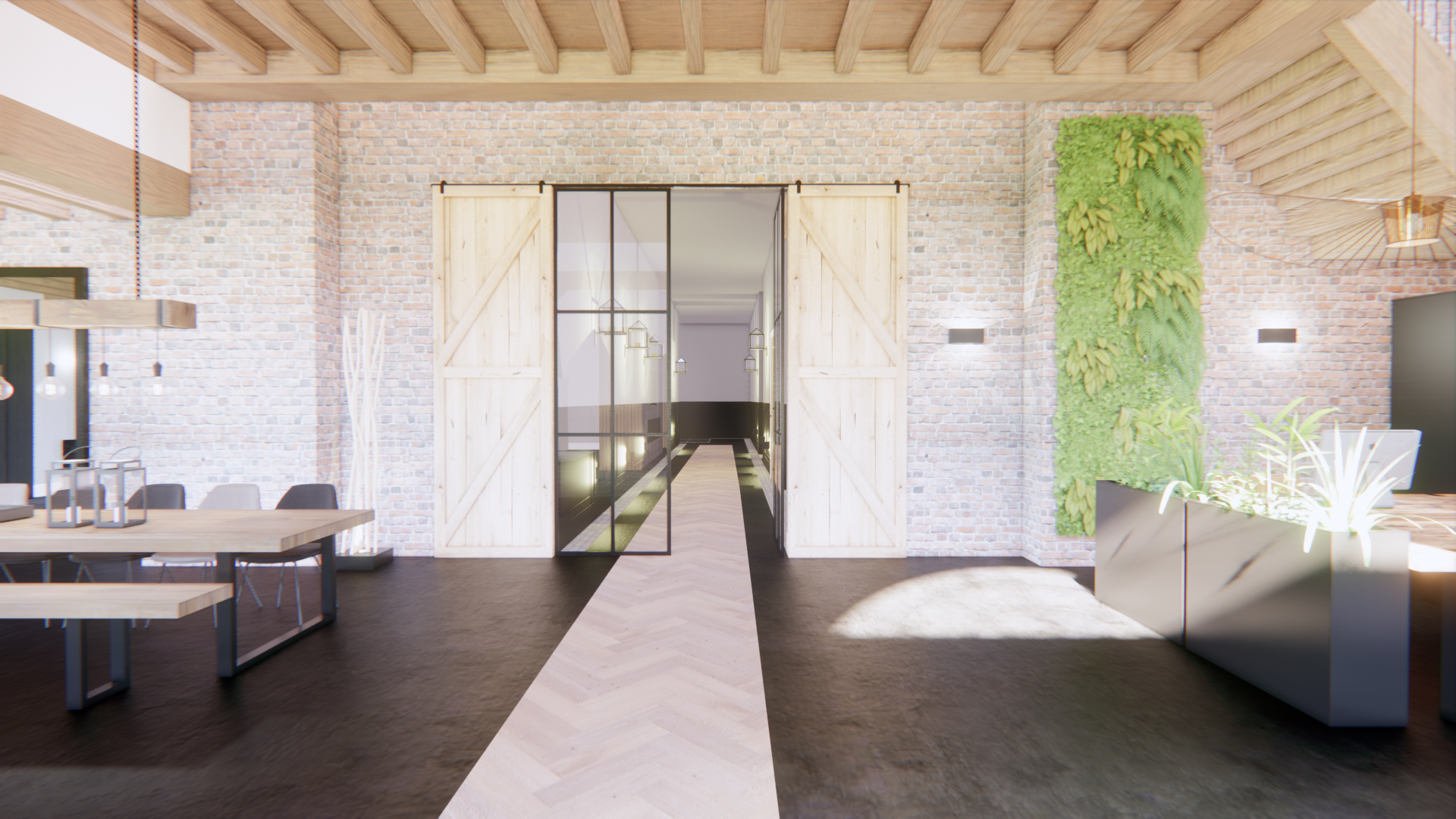 Lichte, moderne kamer met witte bakstenen muren, een donkere vloer, een houten plafond en een groene plantenwand bij het raam.