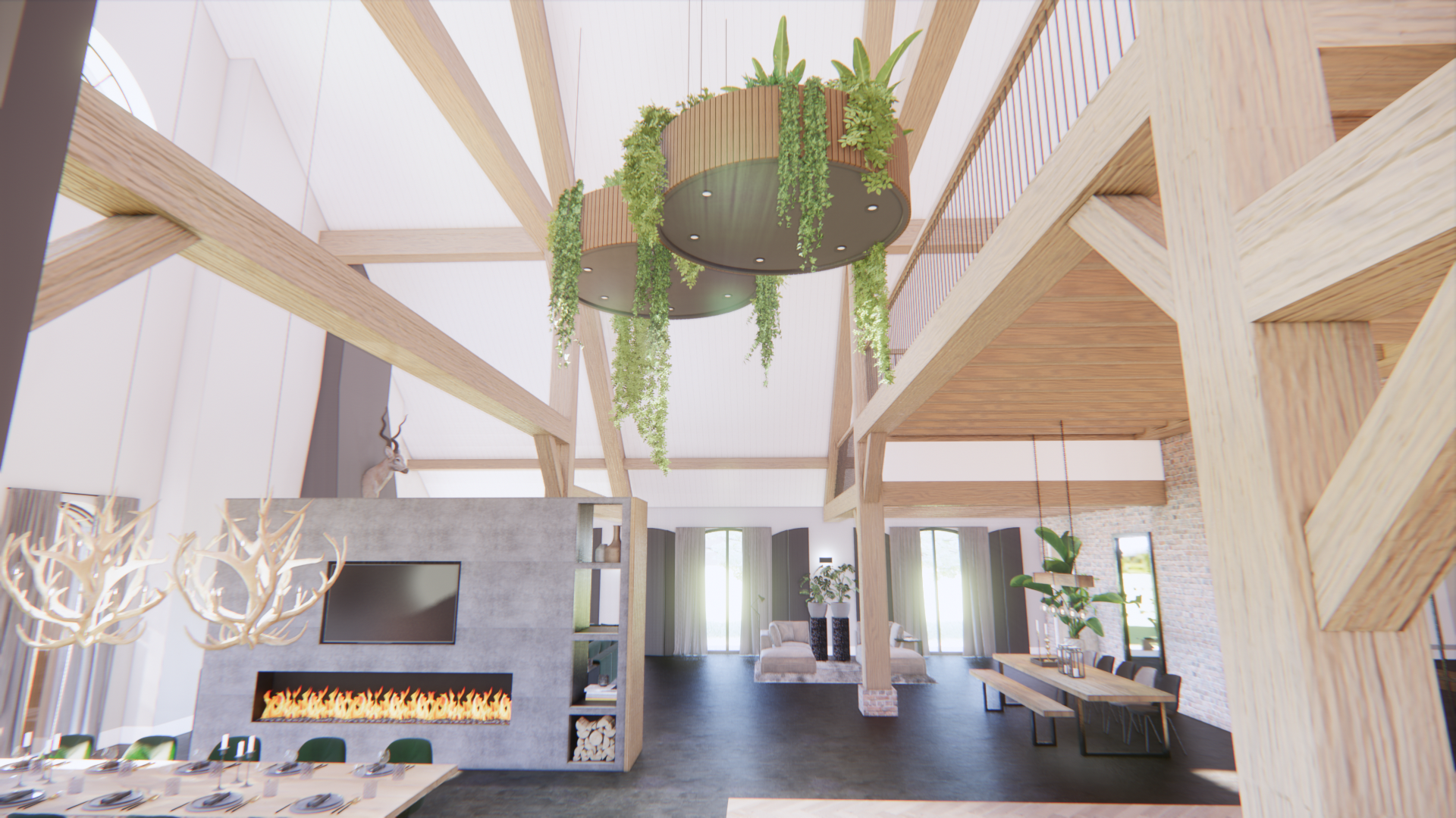 Lichte, moderne lobby met houten balken, hangende planten, open haard en zithoek.