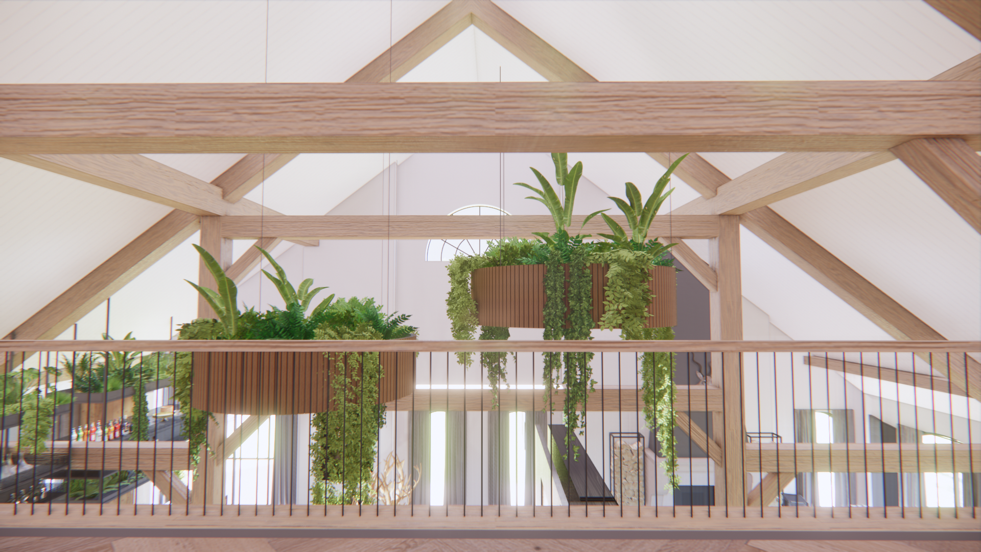 Lichte binnenatrium met houten balken, hangplanten en een balkonreling.