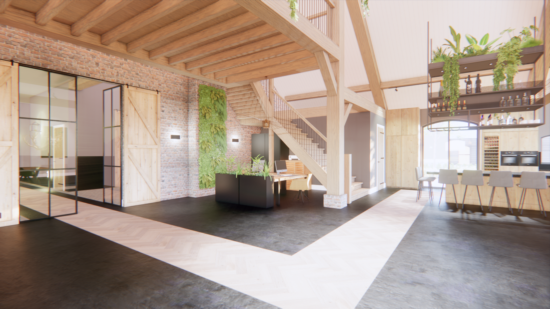 Licht en modern loftinterieur met houten plafond, zwarte bank, trap en eethoek bij grote ramen.