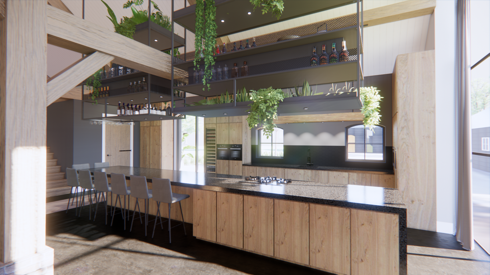 Moderne keuken met lang kookeiland, houten kasten, barkrukken en hangende planten in een lichte, open ruimte.