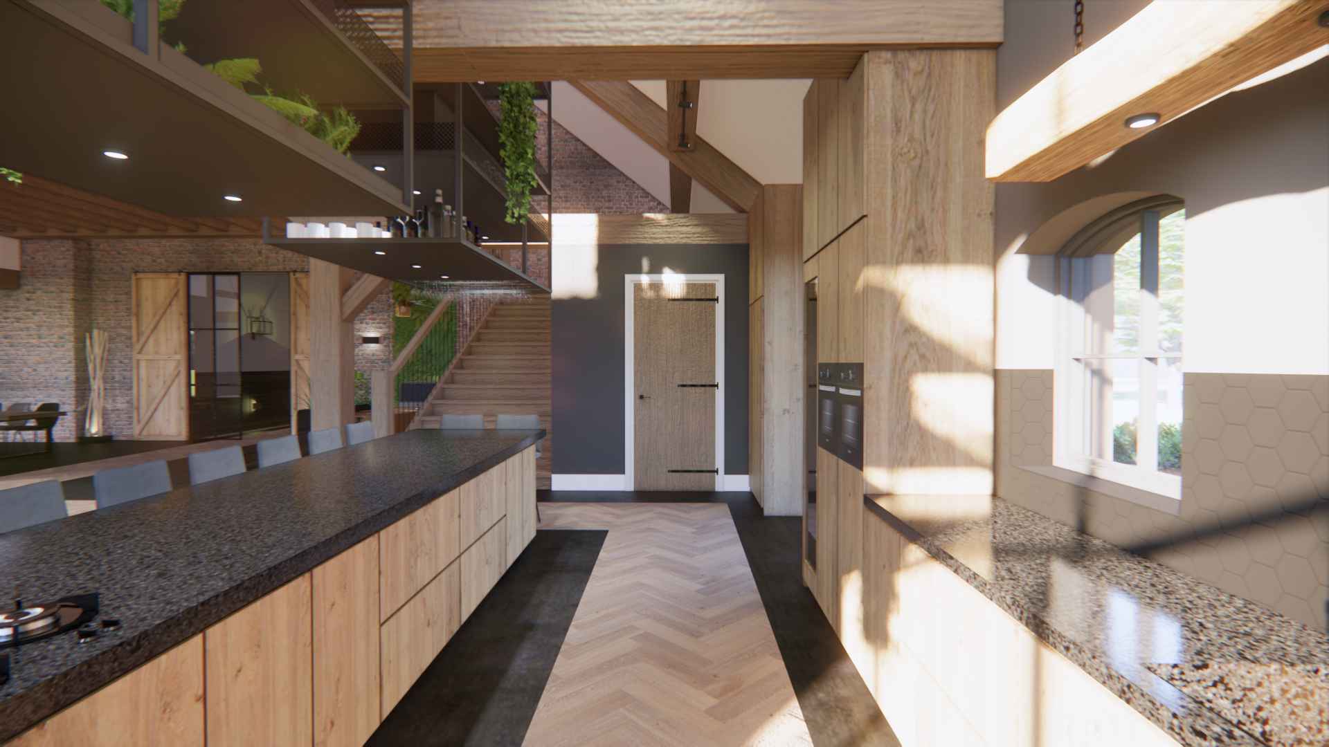 Moderne keuken en woonruimte met houten balken, granieten kookeiland en veel natuurlijk licht door de grote ramen.
