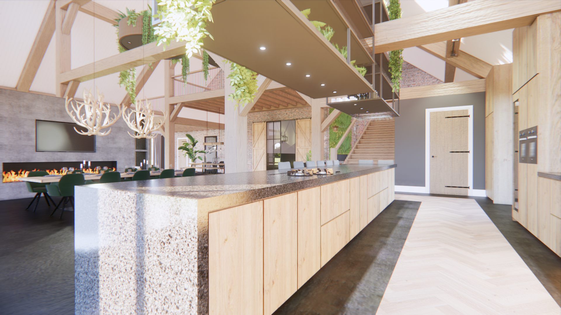 Lichte, moderne keuken met houten balken, een groot kookeiland en hanglampen in een ruim, open interieur.