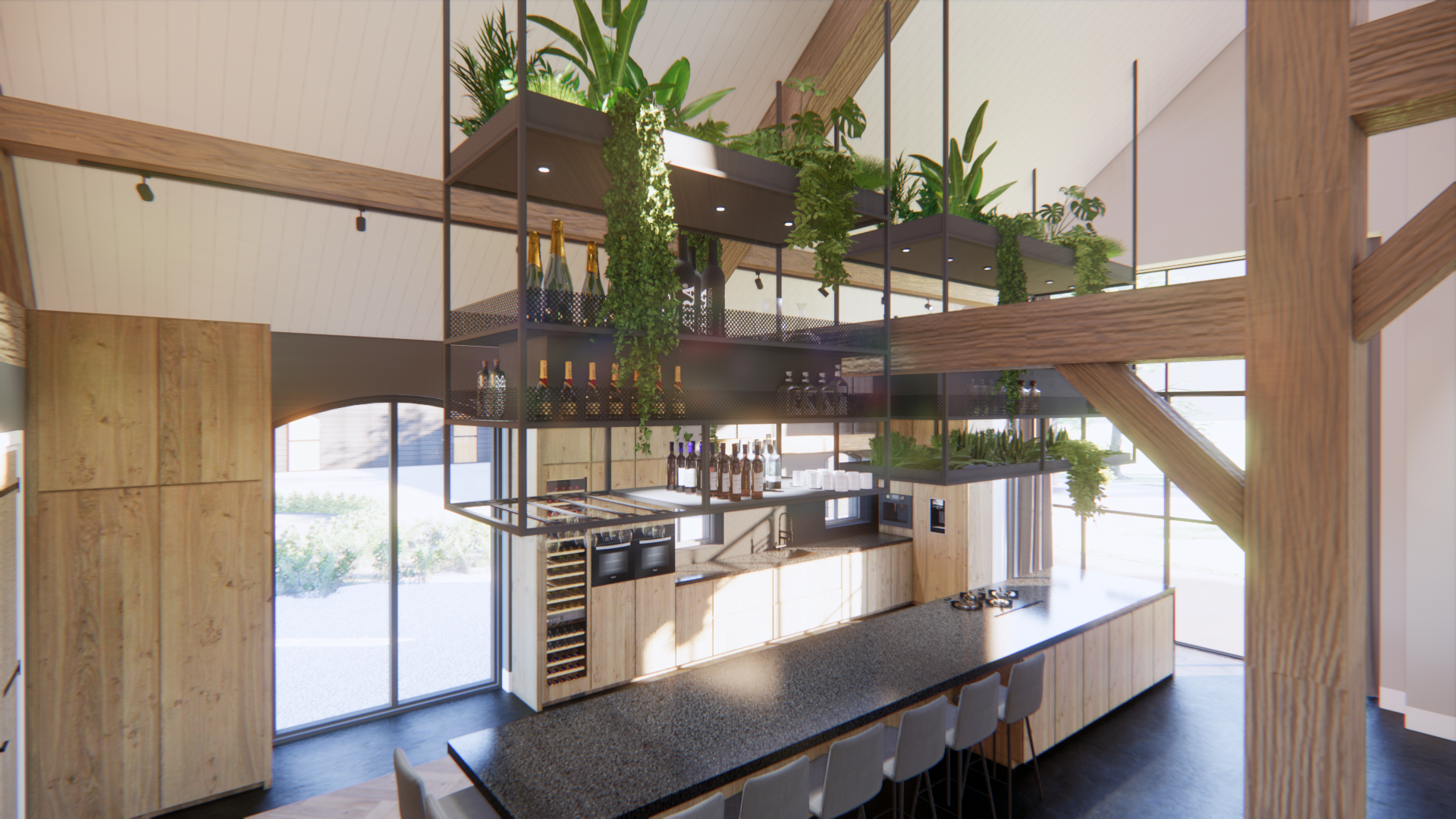Moderne keuken met houten balken, hangplanten en een lange zwarte eettafel in een lichte, open ruimte.