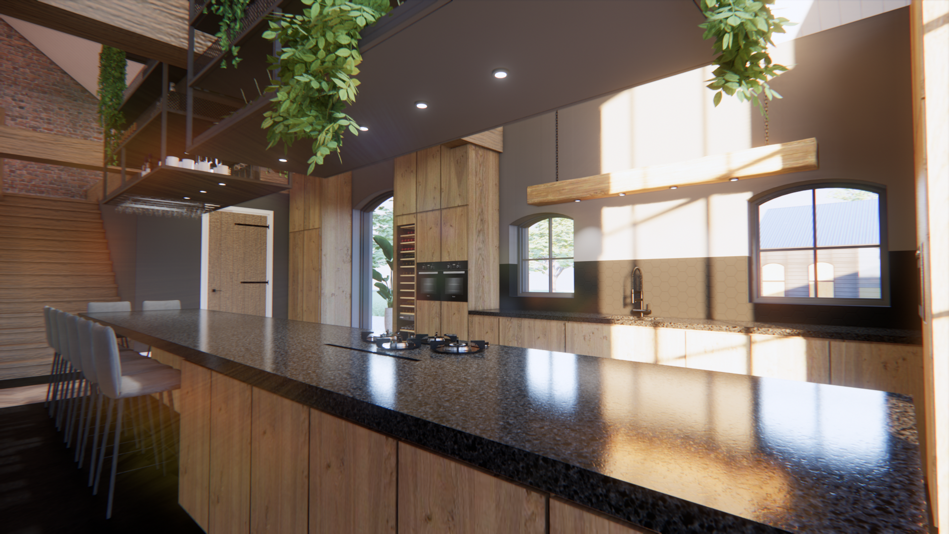 Moderne keuken met een kookeiland van zwart graniet, houten kasten en veel natuurlijk licht door de grote ramen.