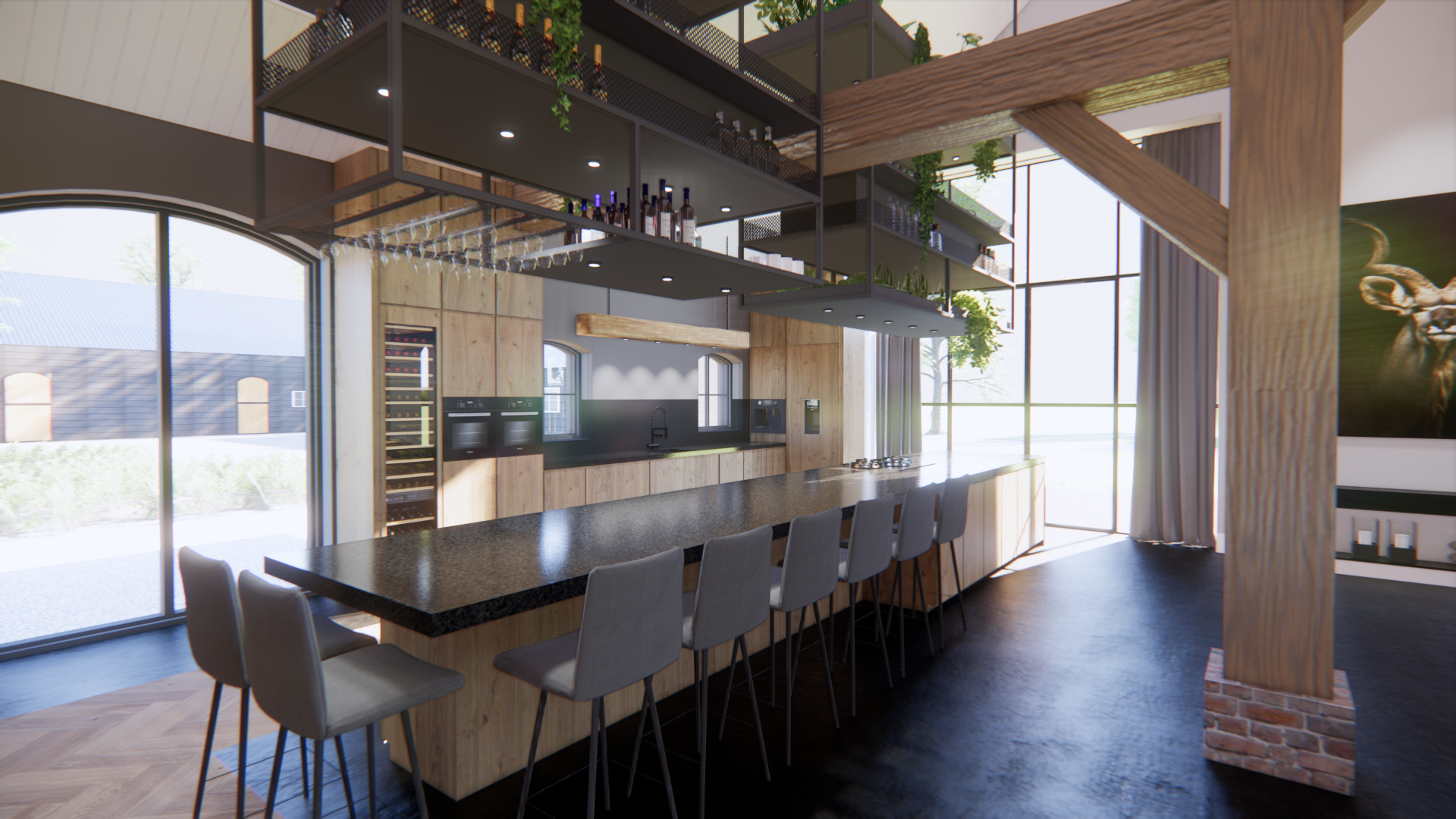 Modern restaurant-barinterieur met barkrukken, hangplanten en grote ramen.