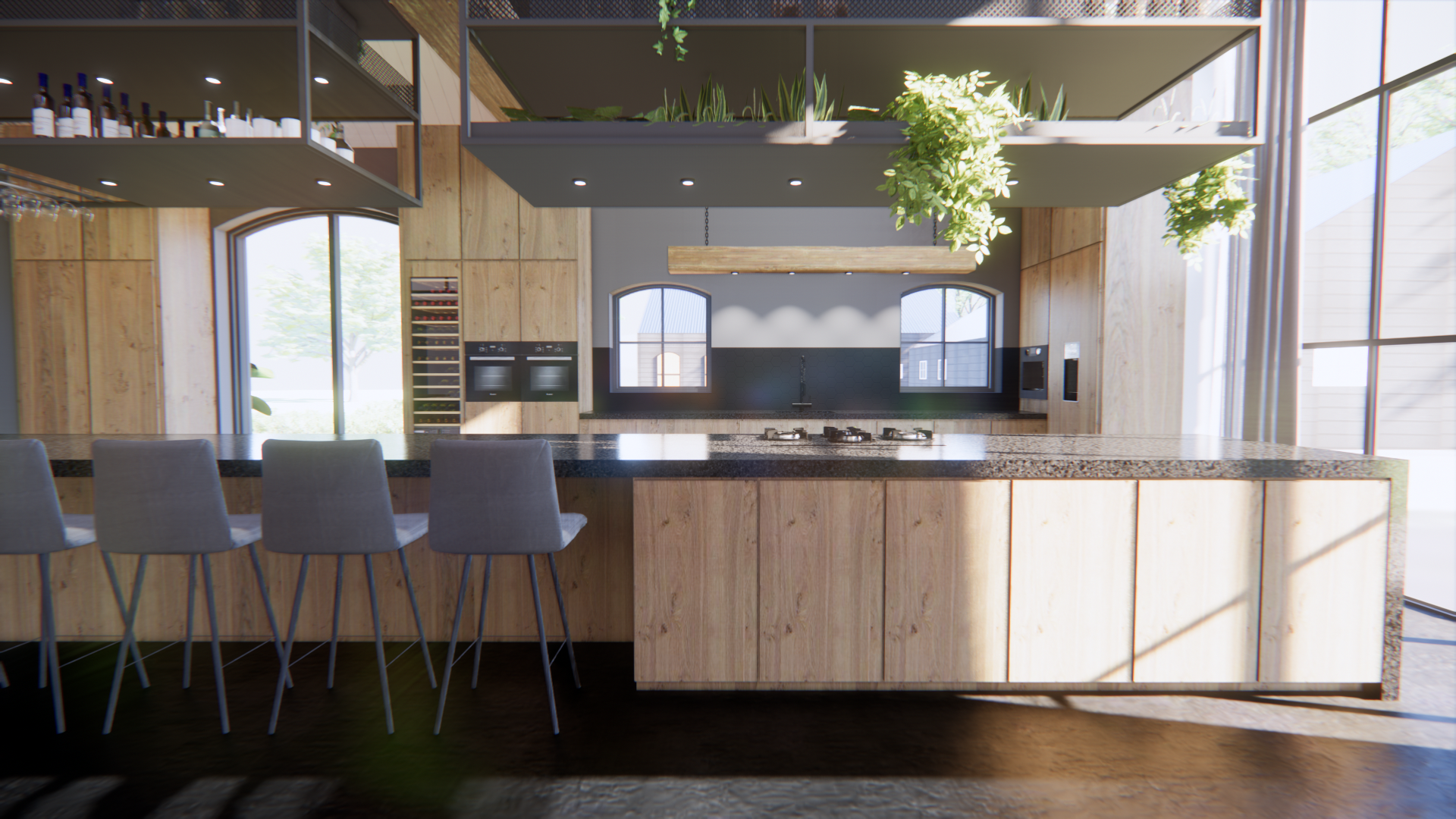 Moderne keuken met houten kookeiland, barkrukken, open schappen en hangplanten in een lichte loftruimte.