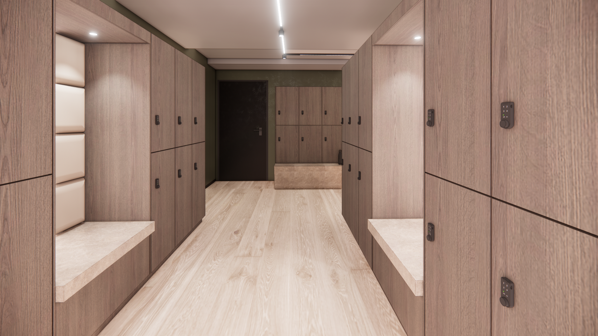 Moderne hal met houten lambrisering, ingebouwde zitgelegenheid en opbergruimte, verlicht door inbouwspots in het plafond.