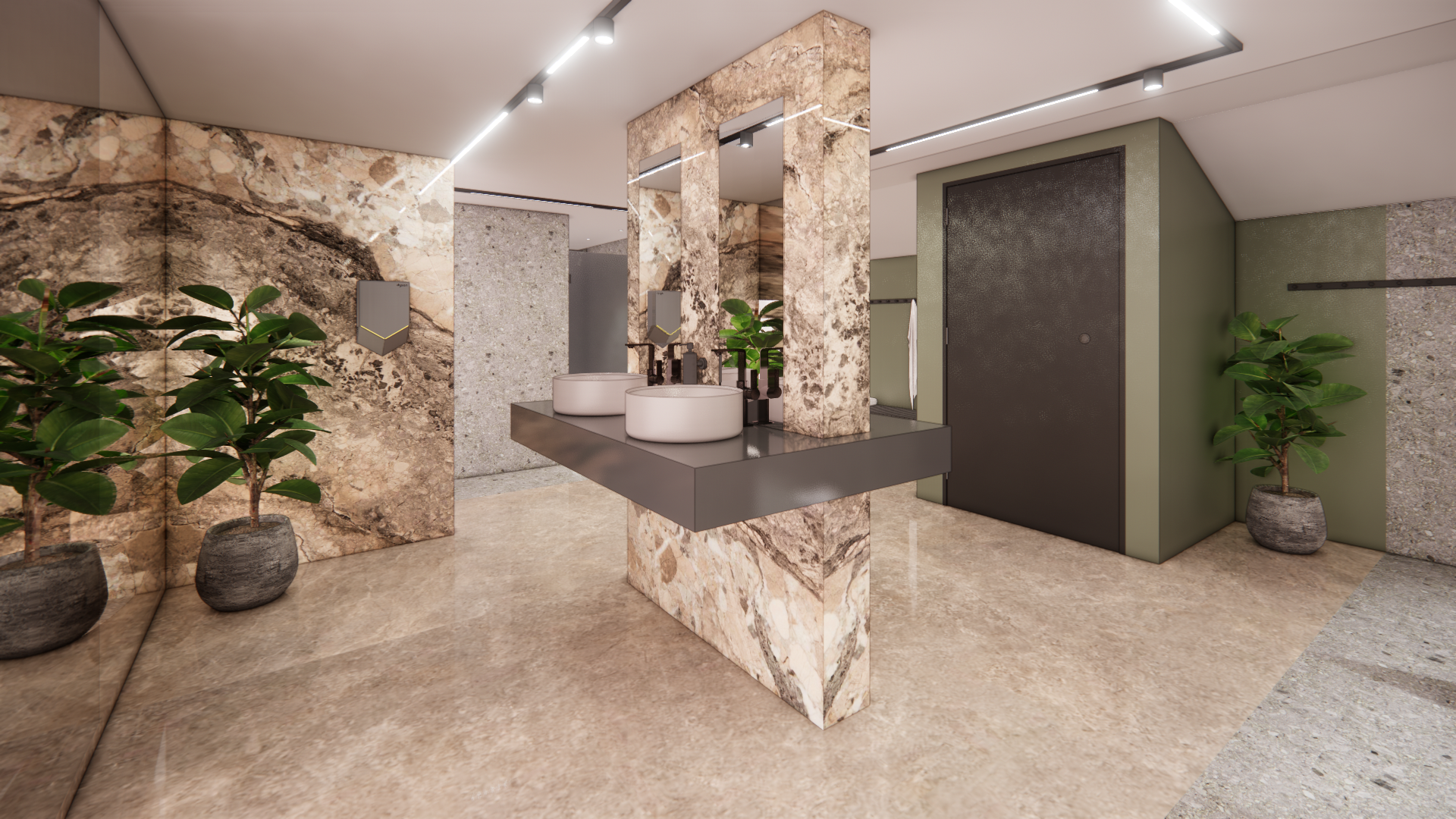 Moderne kantoorlobby met stenen muren, receptiebalie, potplanten en zachte plafondverlichting.