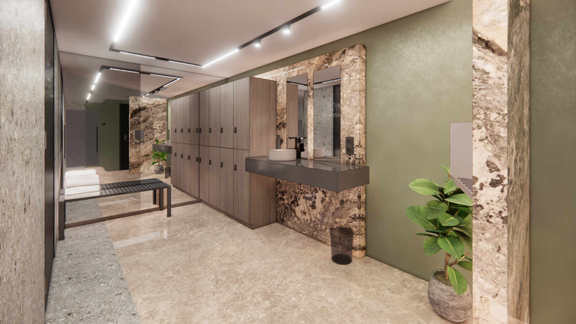 Moderne spa-kleedkamer met stenen muren, houten lockers, wastafels, banken en een potplant.