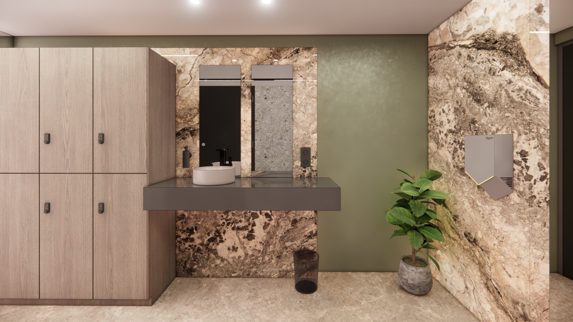 Moderne badkamerkast met beige kastjes, stenen wastafel, groene muur en potplant onder warm licht.